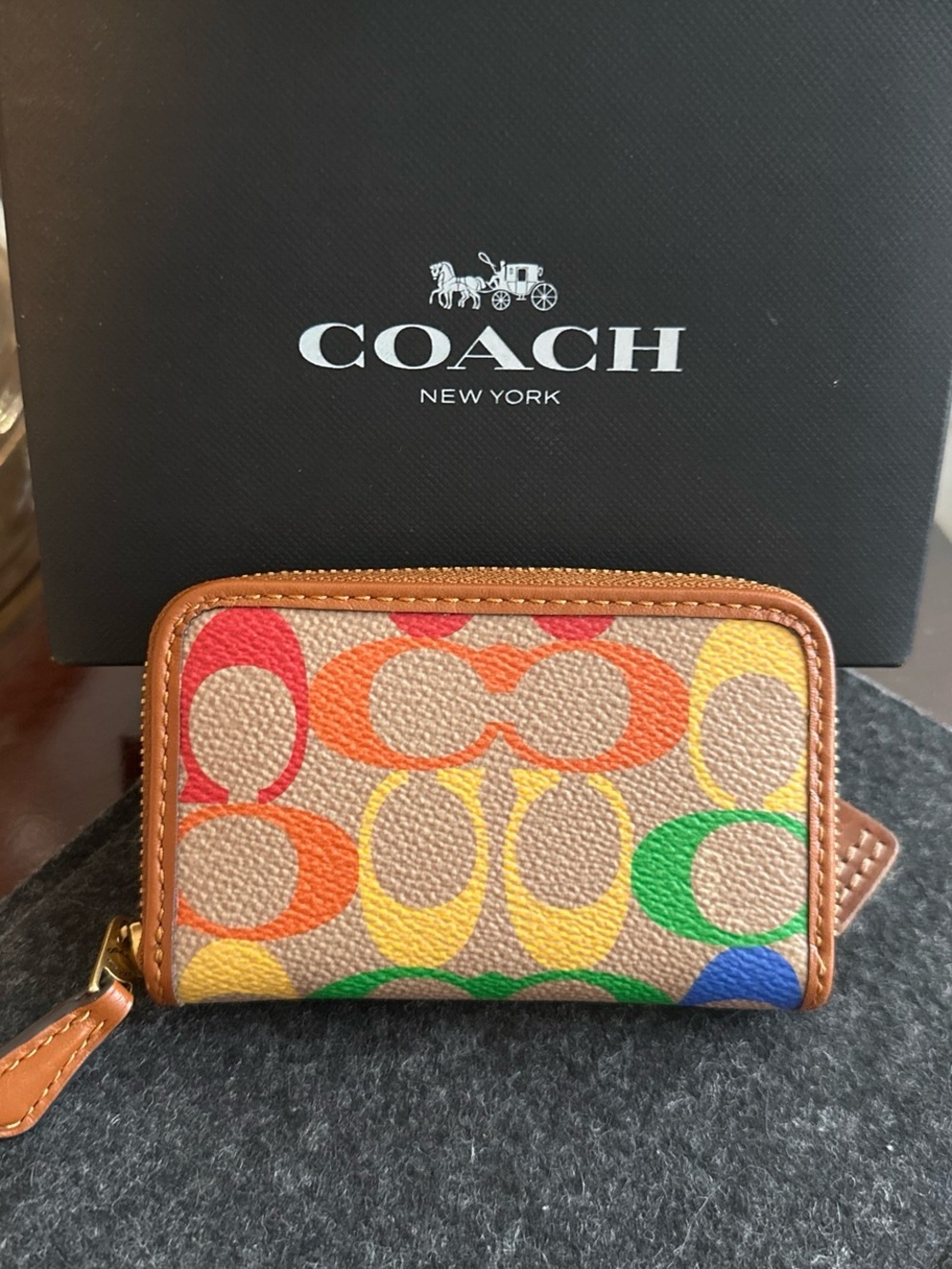 Coach Multicolor Signature 'C' Zip Card Case with Tan Trim